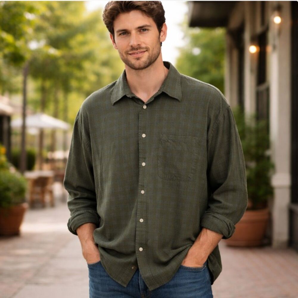 Izod Button Front Shirt Long Sleeve Green Mens Size 2XL